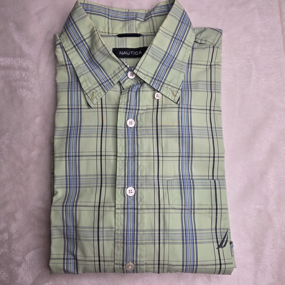 NAUTICA Men's Short‎ Sleeve 80's Two Ply Shirt Size Large Plaid Green  Cotton